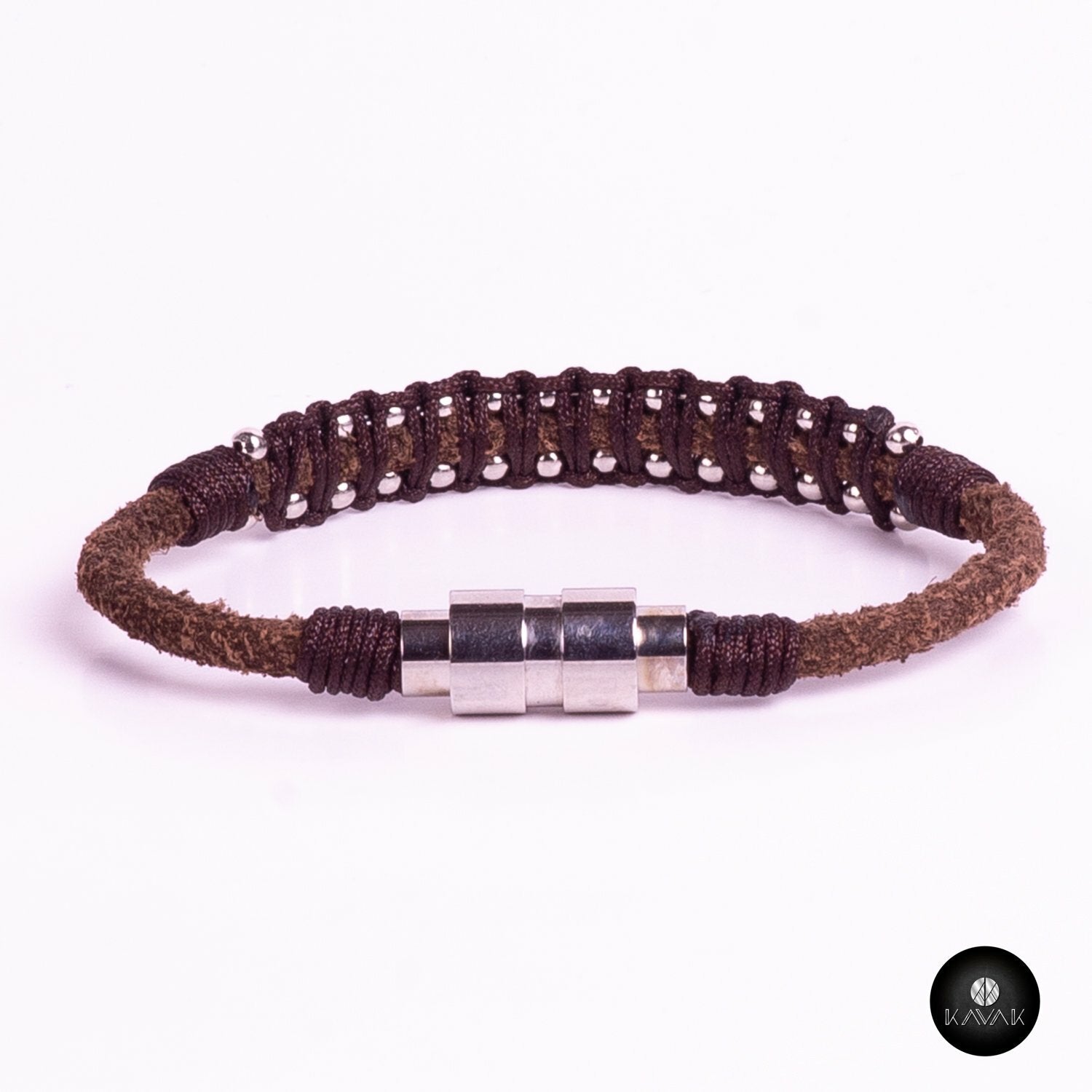 Kavak Handmade Men's Bracelet Leather Magnetic Stainless Steel Military Braided