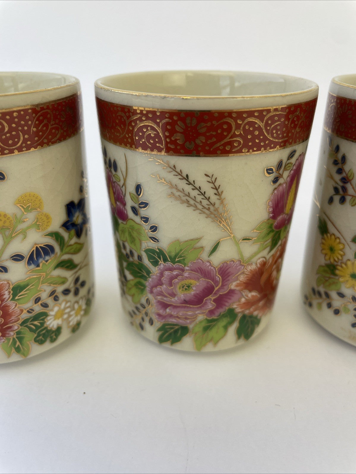 4 x Satsuma Japan Saki Crackled Teacup Hand Painted Floral Design 3.25" x 2.5"