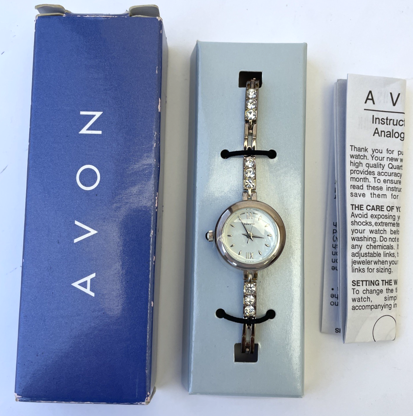 Avon Sparkle Tennis Bracelet Wristwatch Rhinestone / FSC Silvertone Vintage