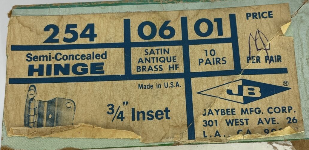 2 x JB Jaybee MFG Corp. 3/4" Semi Concealed Inset Hinge Satin Antique Brass USA