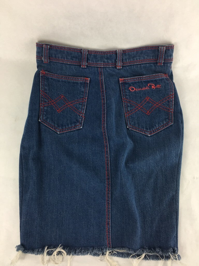 Oscar De La Renta Womens A Line Denim Skirt Blue Zipper Fly Pockets Fringes 12