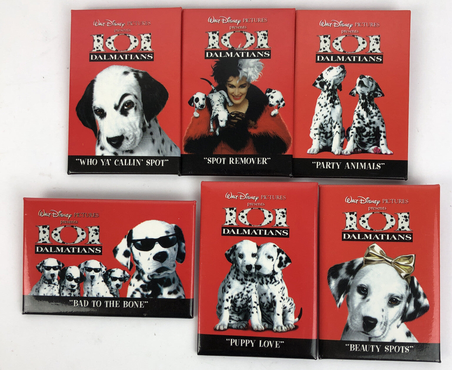 101 DALMATIONS 6 x Promotional Movie Button Set - GLENN CLOSE DISNEY 1996