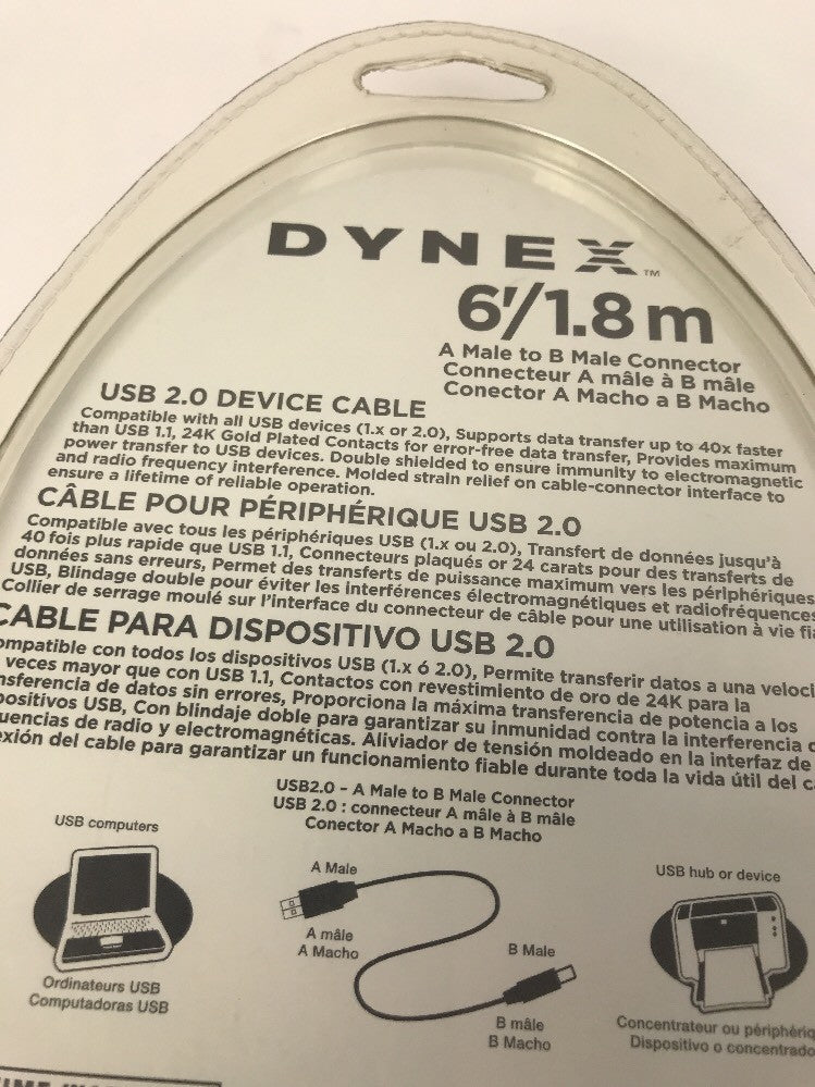 New Dynex USB 2.0 Device A Male to B Printer Cable w Gold Plated Connectors 6'