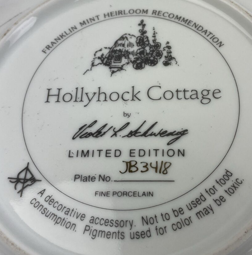 Violet Schwenig Franklin Mint Plate " Hollyhock Cottage " # JB3418 LMTD Plate