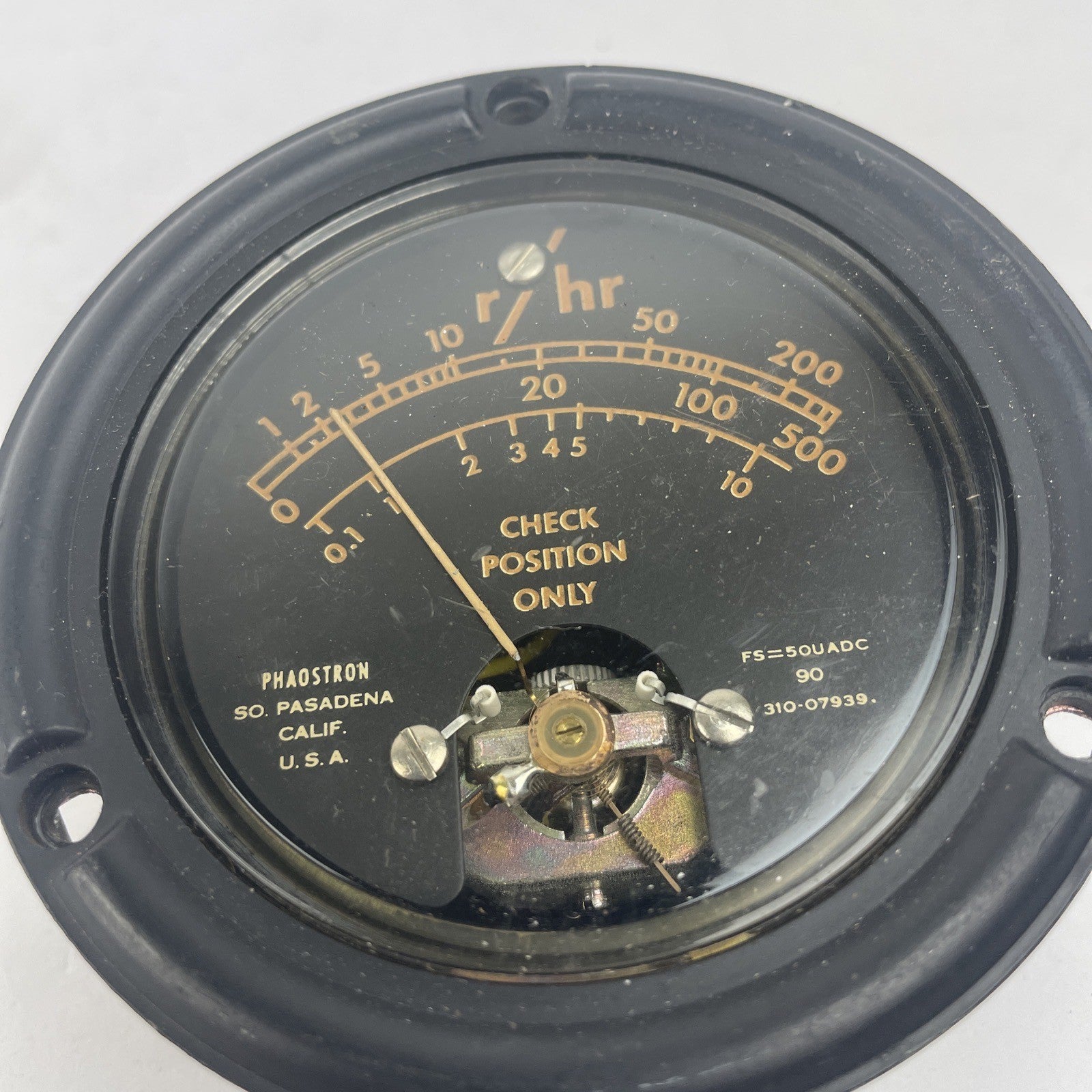 VINTAGE PHAOSTRON Pasadena Ca. USA  FS=50 UADC r/hr Sealed Position Meter