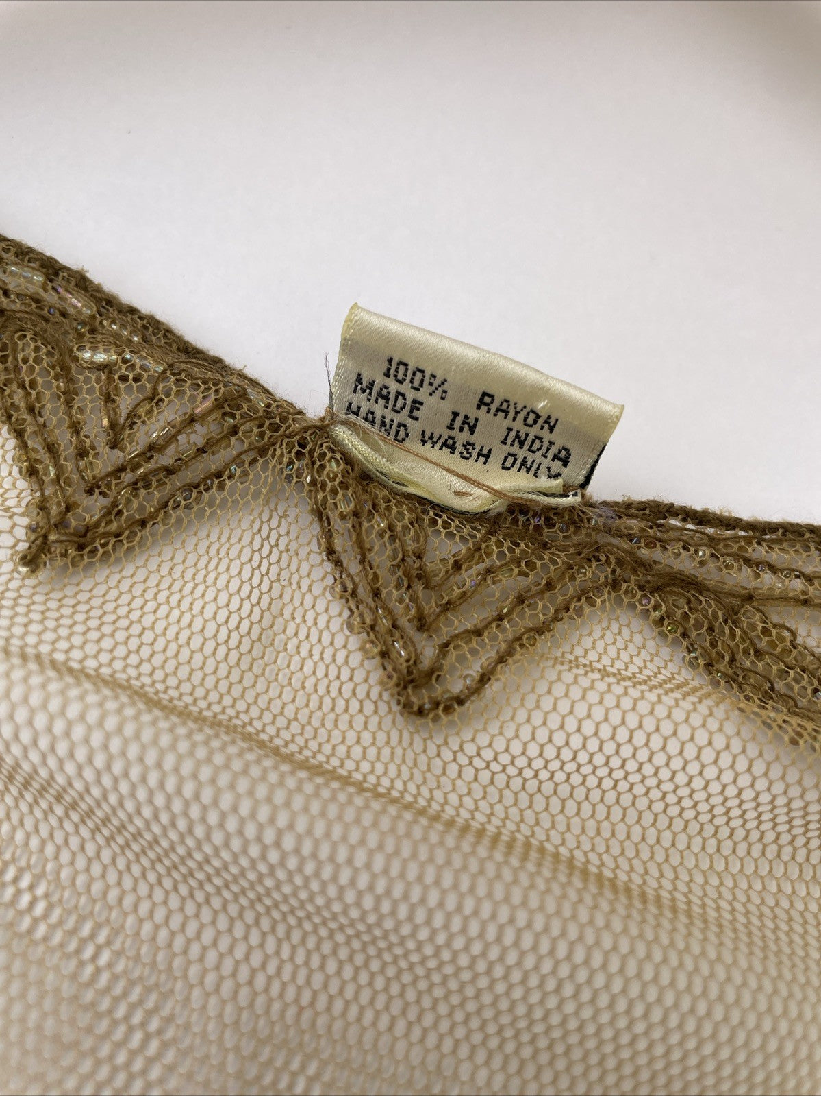 SHIBA Vintage Sheer Mesh Long Sleeve Hand Beaded V Neck Gold Tone Tunic Small