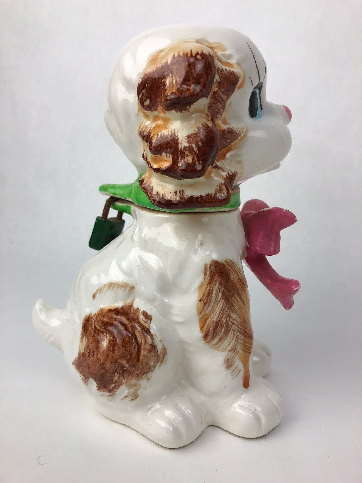 Vtg ESD Lefton Puppy Pal Locking Coin Bank anthropomorphic Japan dog lid rare 7”