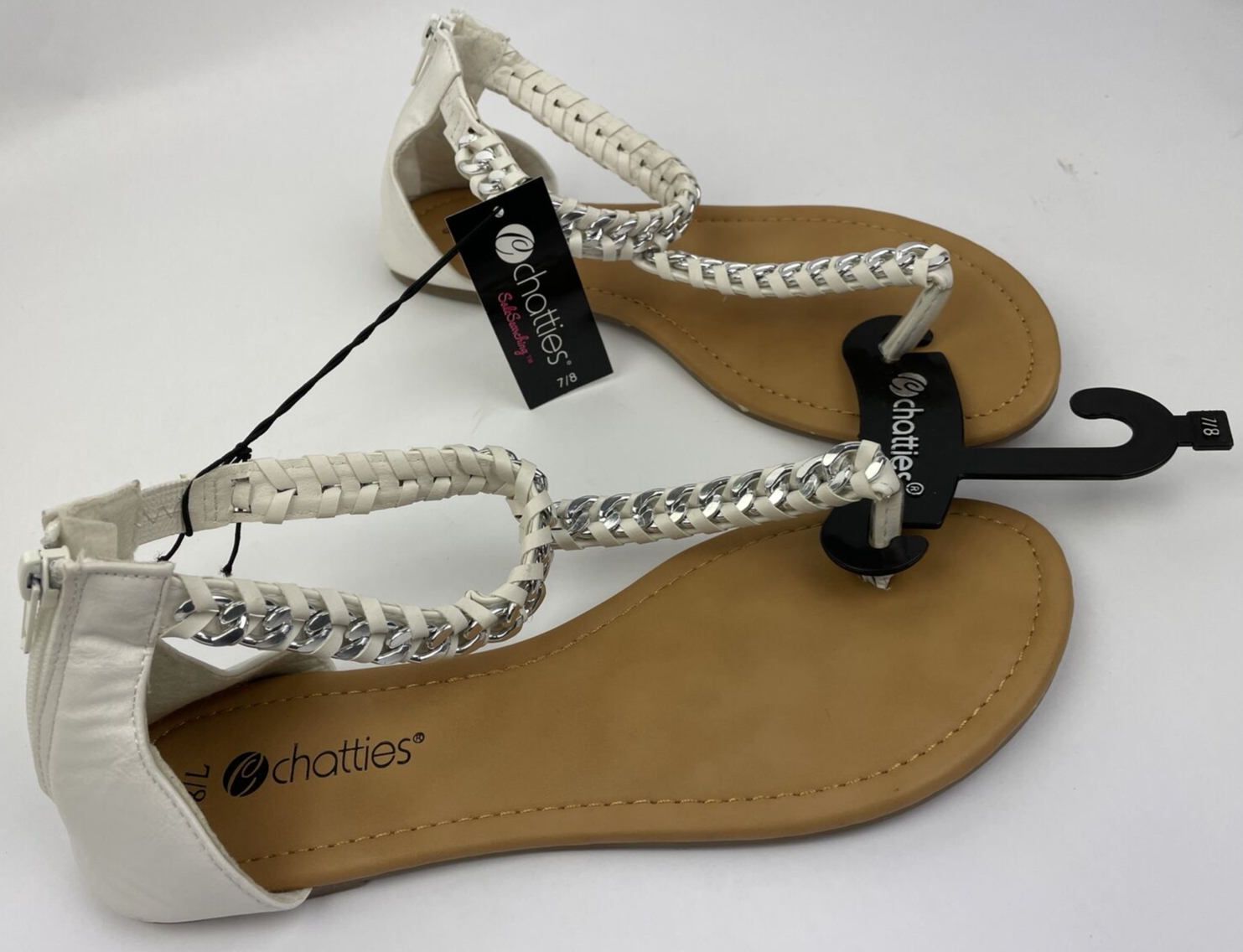 NWT Chatties Womens Sandals With White Silver Metal Straps Zipper Heel size 7/8