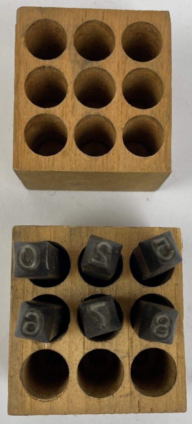 6 Vintage Gruv Grip 3/16" Steel Stamp Numbers Set Wood Box USA Made 0 2 5 6 7 8