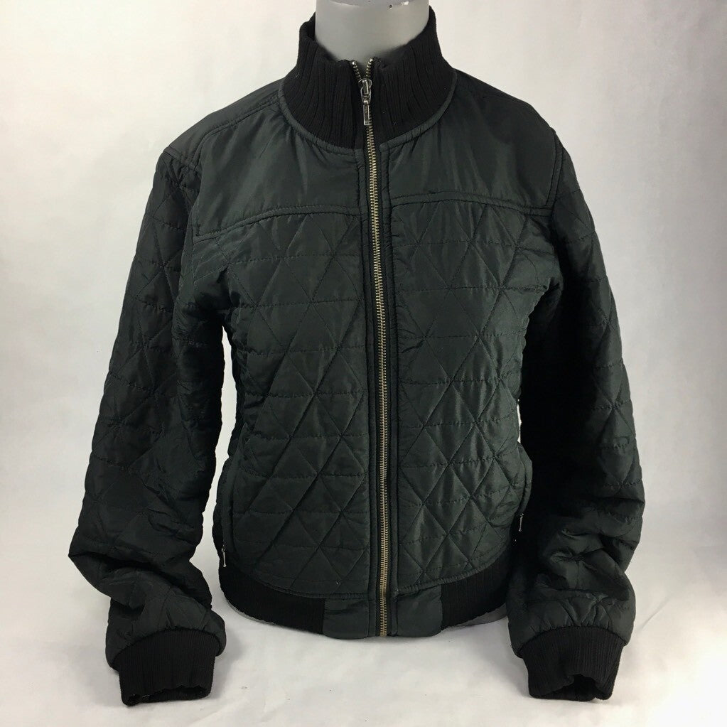 Prana Womens Quilted Jacket Black Zip Up Breathe Ribbed Moc Neck Stretch XS