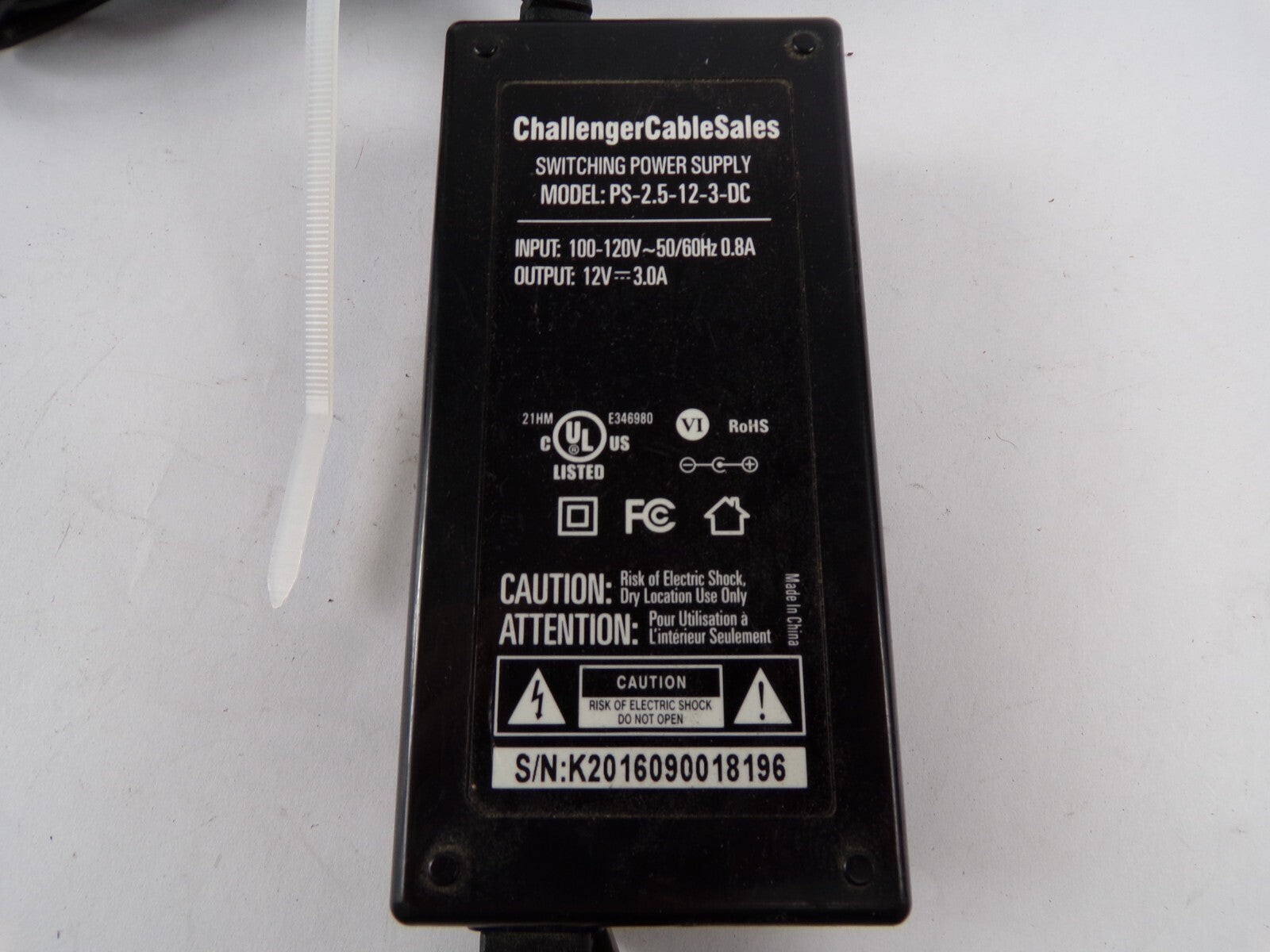 Genuine Challenger Cable PS-2.5-12-3-DC Output 12 V 3 A Power Supply Adapter A00