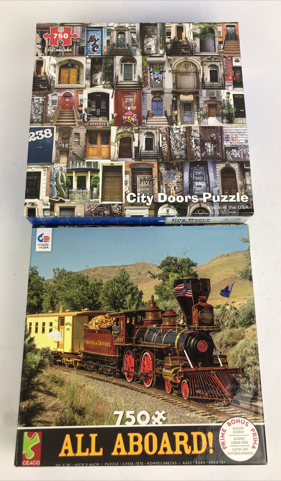 Lot of 2 x 750 Piece Puzzle Lot - Ceaco All Aboard Train, Re-Marks City Doors,