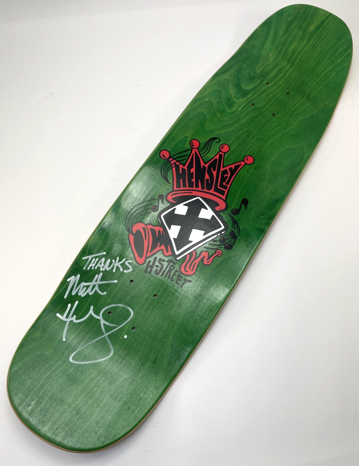 Matt Hensley H-STREET Musical Jester Skateboard Deck Green Stain Signed 32" x 9"