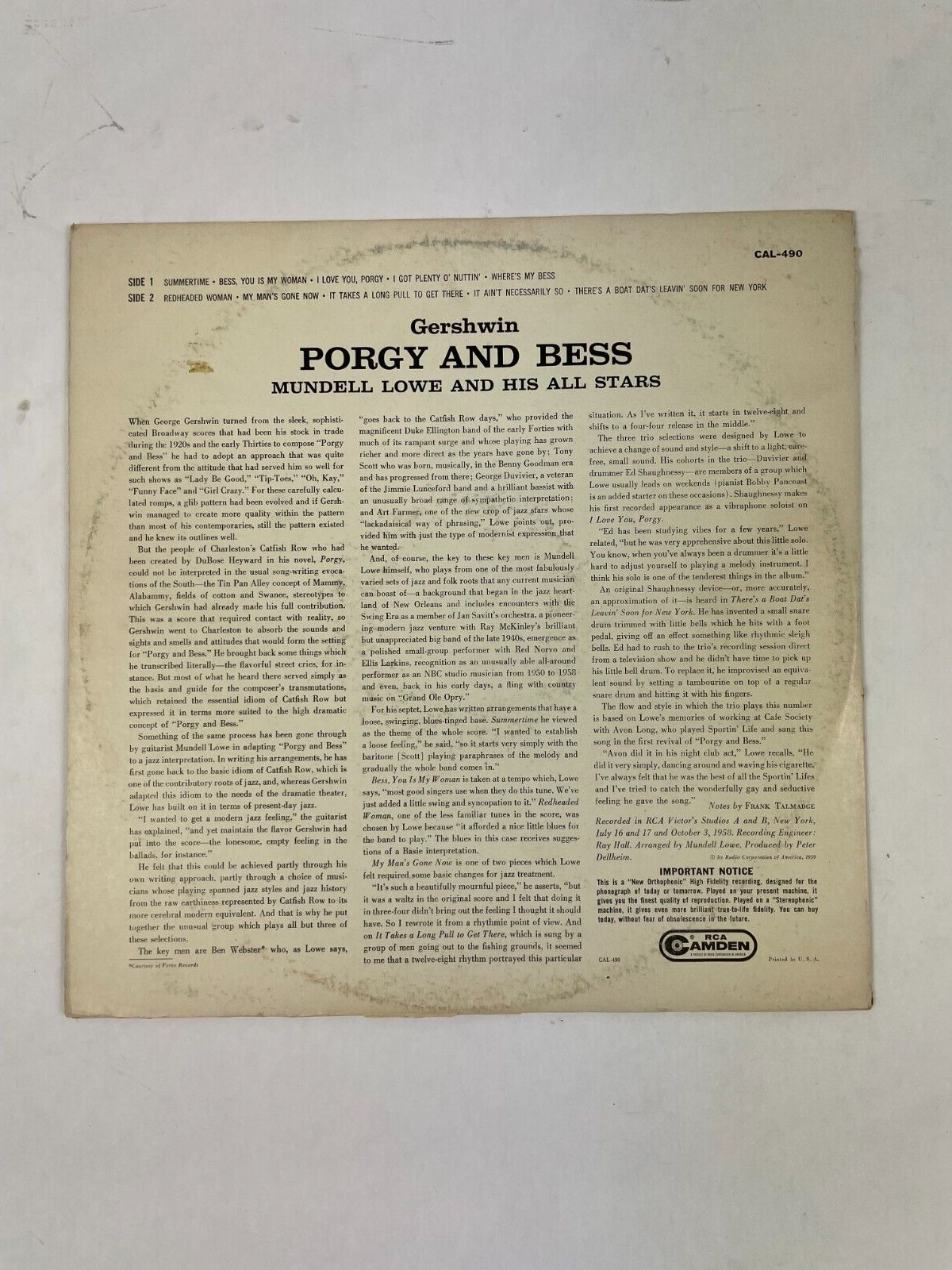 Porgy & Bess Mundell Lowe And His All Stars George Duvivier Vinyl Record