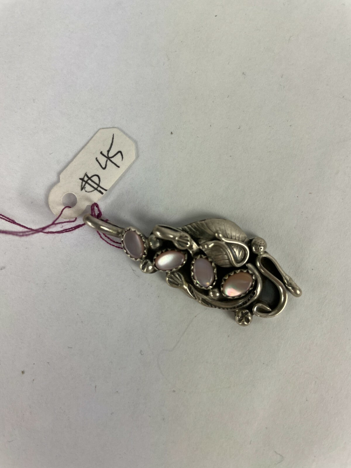 Silver Vintage Sterling Style Mother of Pearl Pendent Leaf Applique 24-129