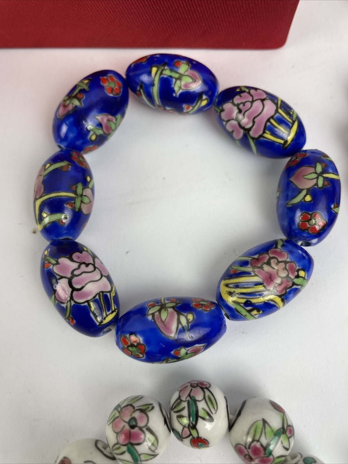 6 Vintage Porcelain Stretched Bracelets China East Asian Hand-Painted Beads