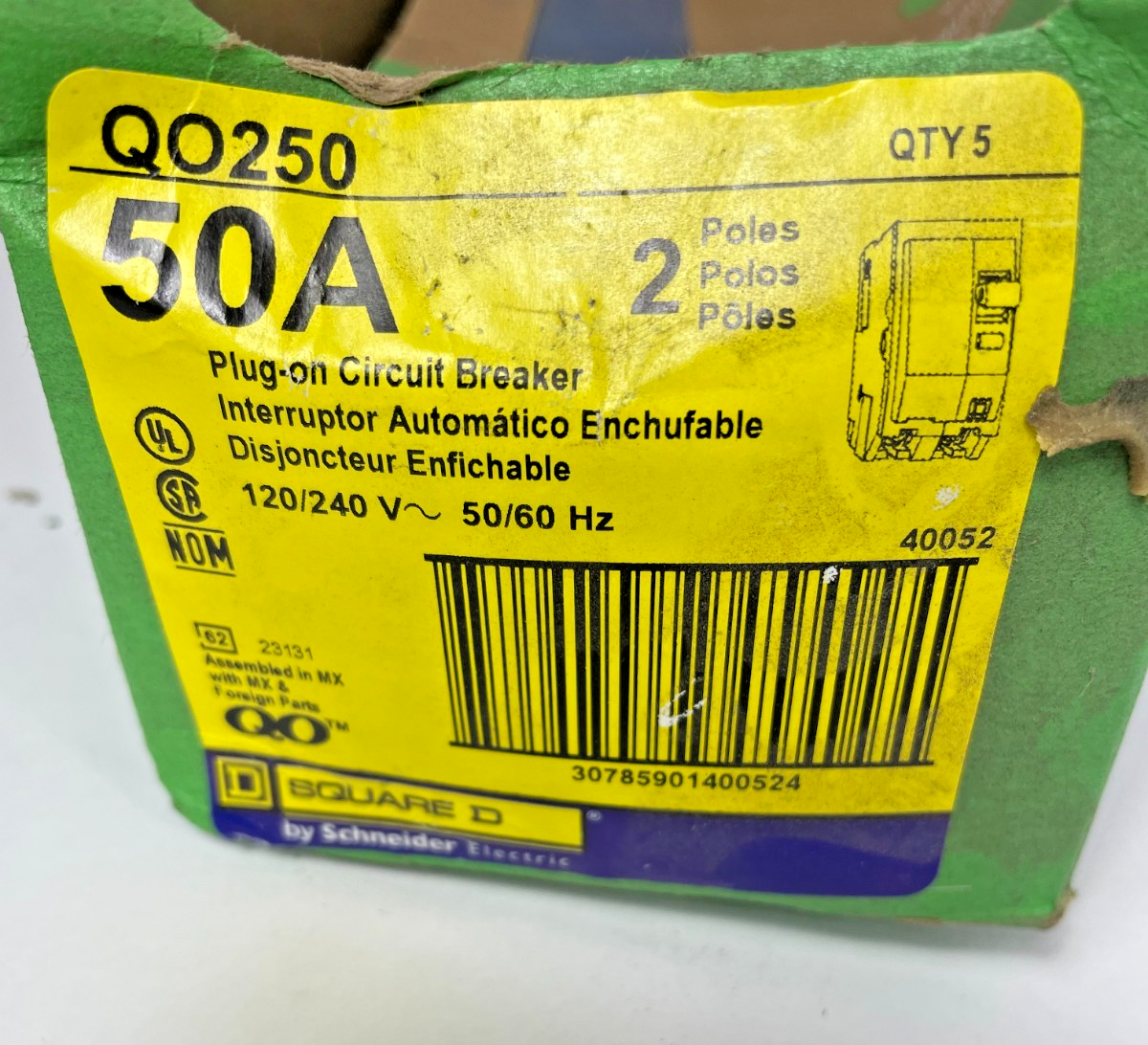 Square D QO250 50 Amp 2-Pole Plug-On Circuit Breaker 120/240V 10kA