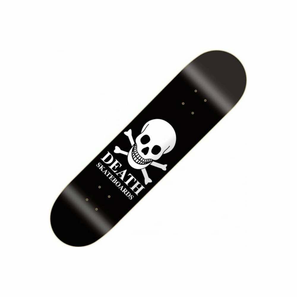 Death Skateboards Skull Black and White 8.5-inch skateboard deck with grip tape and bold skull graphic.