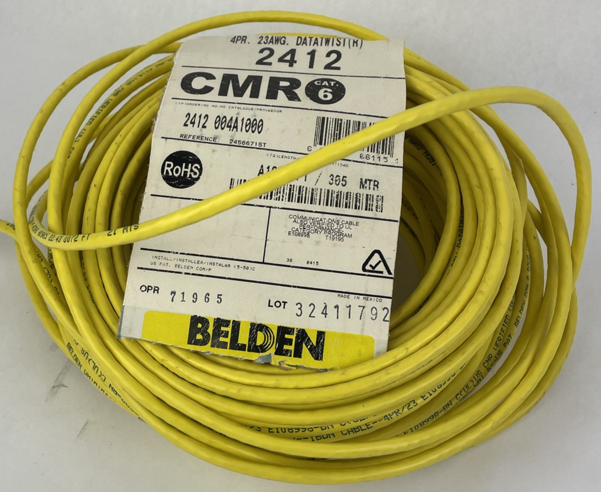Belden 2412 010A1000 CAT6+ Network Cable 4-Pair U/UTP CMR, 23AWG, 100 ft, YELLOW