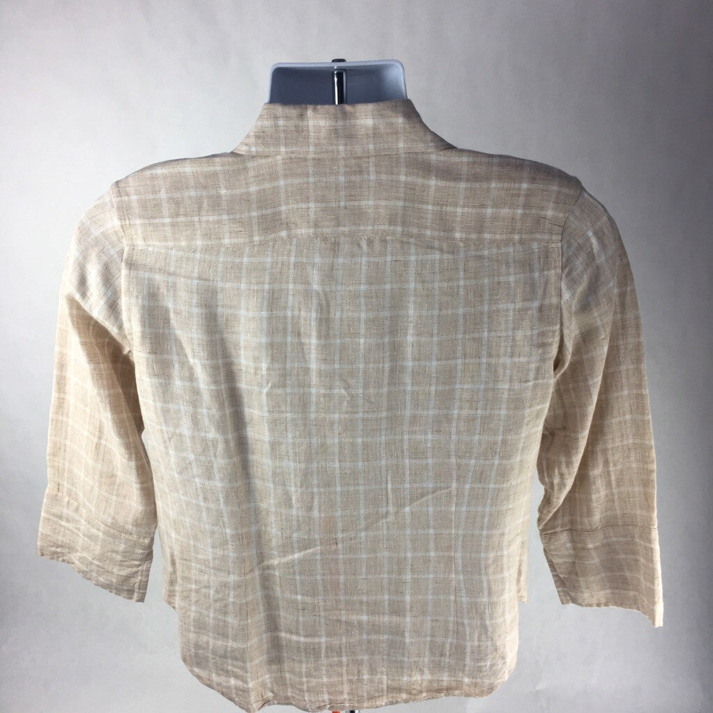 Faconnable Mens Button Front Shirt Beige Checks Round Hem Long Sleeves Linen S