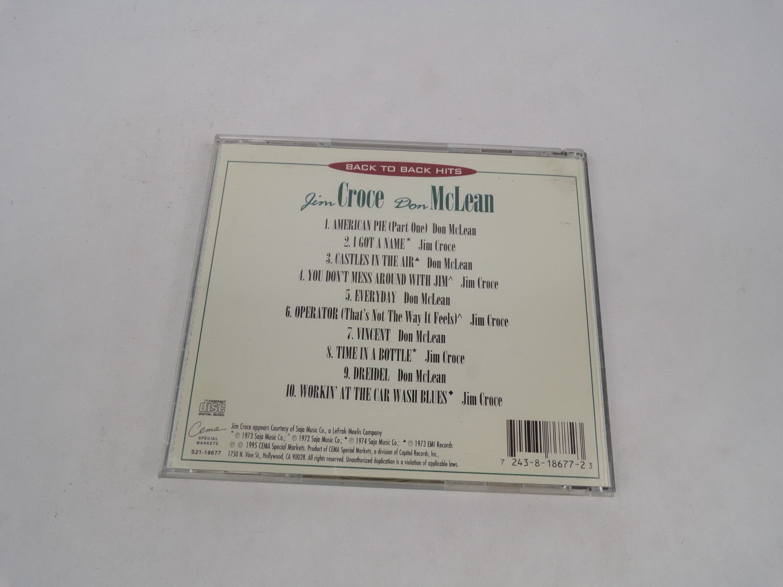 Back To Back Hits Jim Croce / Don Mclean American Pie Don Mclean I Got A CD#63