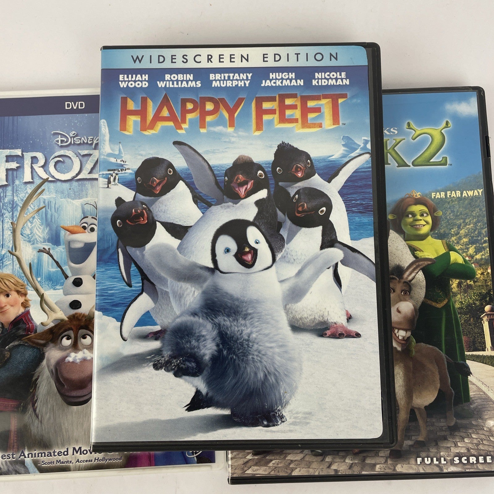 Lot of 3 x Disney DreamWorks DVD Video (s) - Shrek 2 - Happy Feet - Frozen