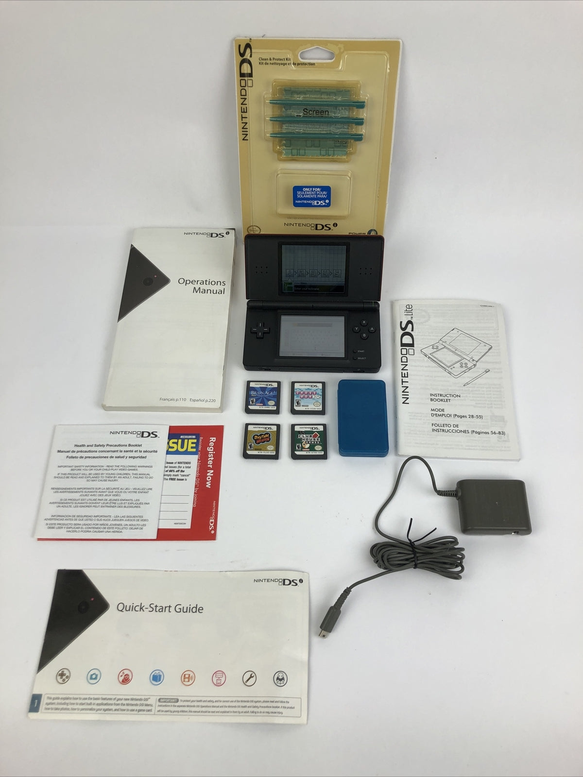 Nintendo DSi Lite Handheld System Burgundy With Charger And Stylus 4 Games LOOK