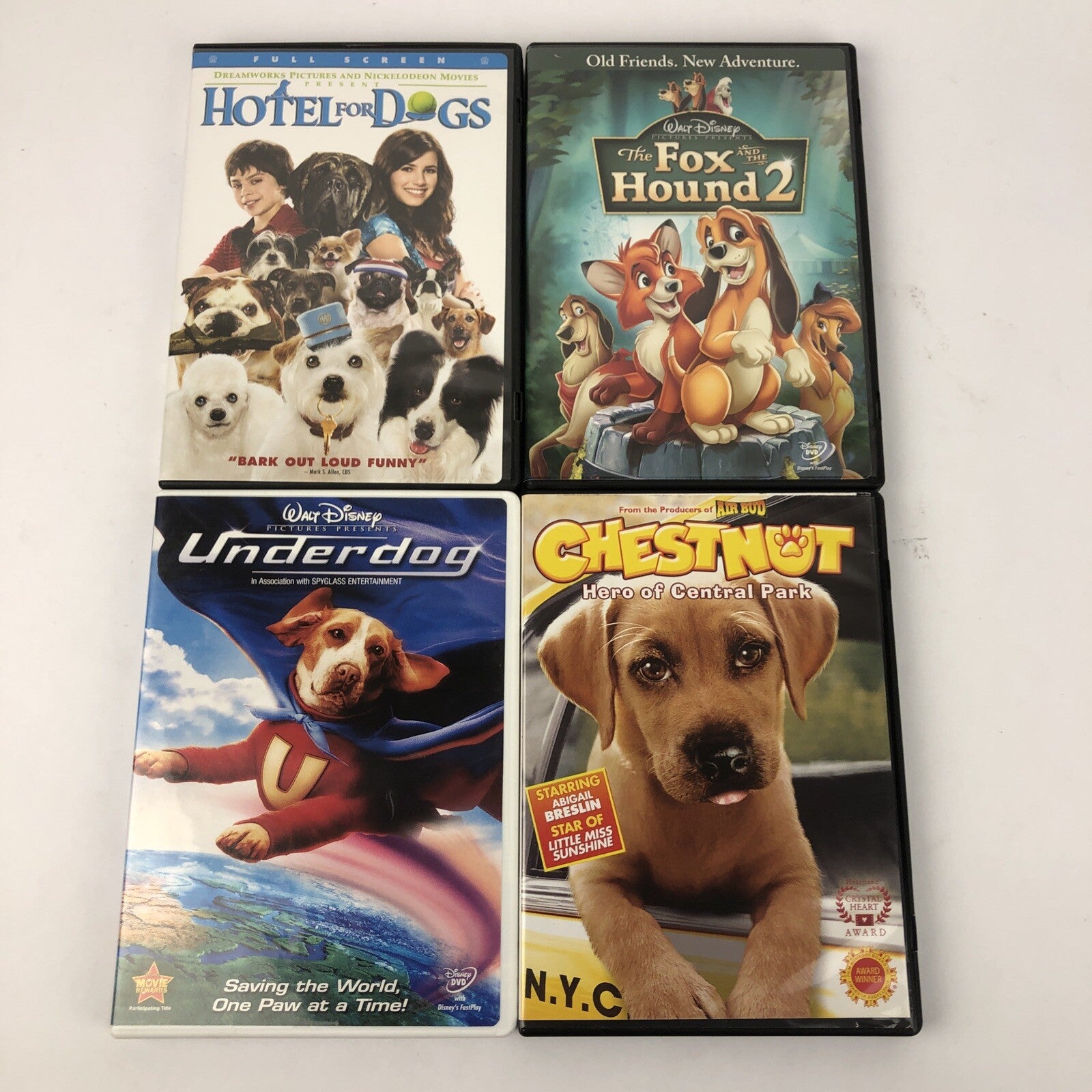 Dog Lovers Movie 4 DVD Lot: Underdog, Chestnut, Hotel For Dogs, Fox & Hound 2
