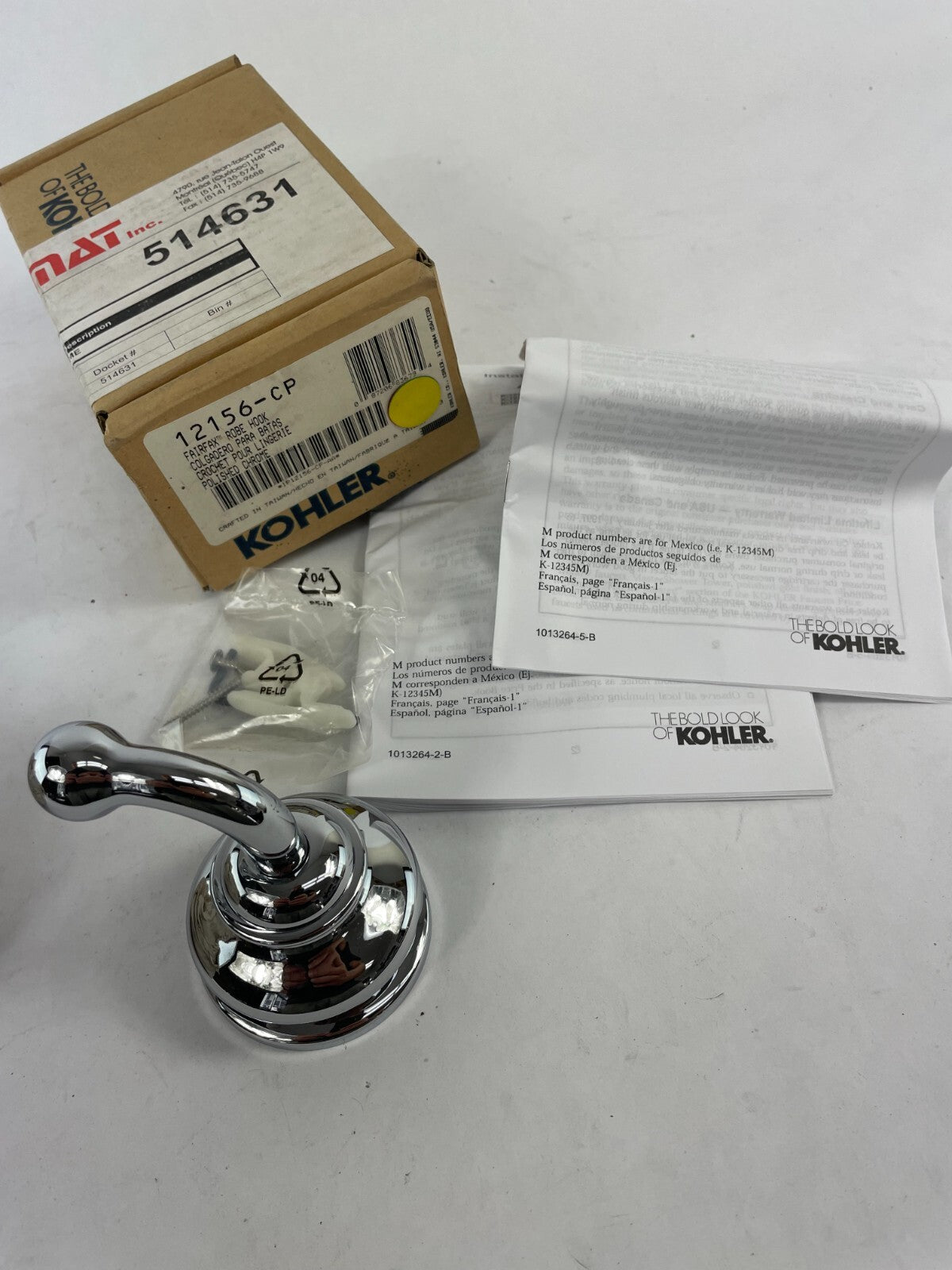 Kohler Fairfax 12156-CP polished chrome bathroom robe hook