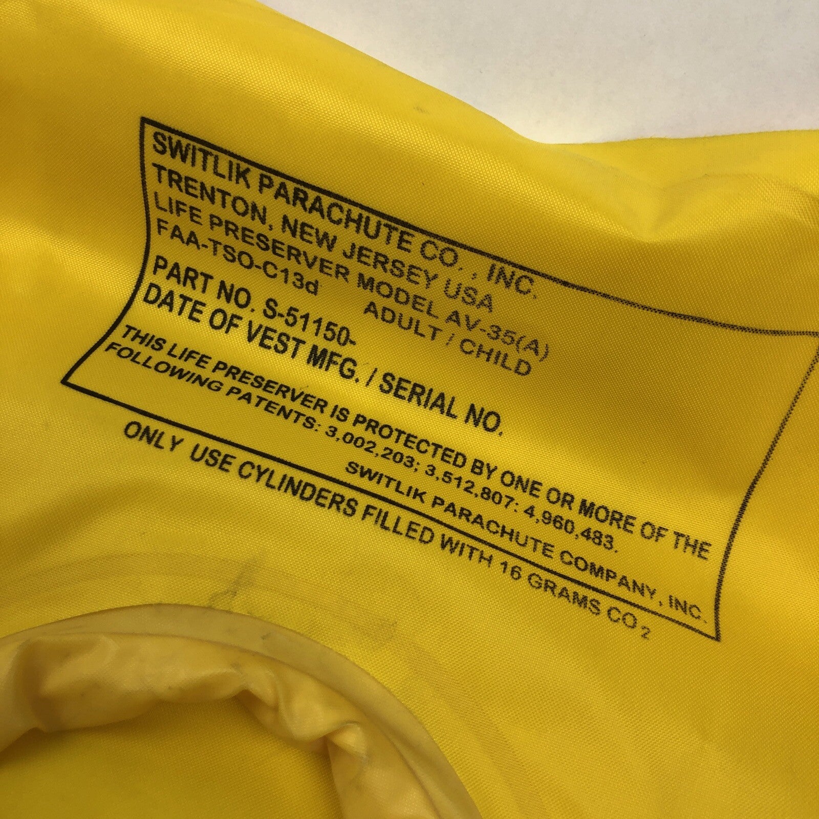 Life Preserver Switlik Parachute Co. Co2 or Self Inflatable Model AV-35A - LOOK