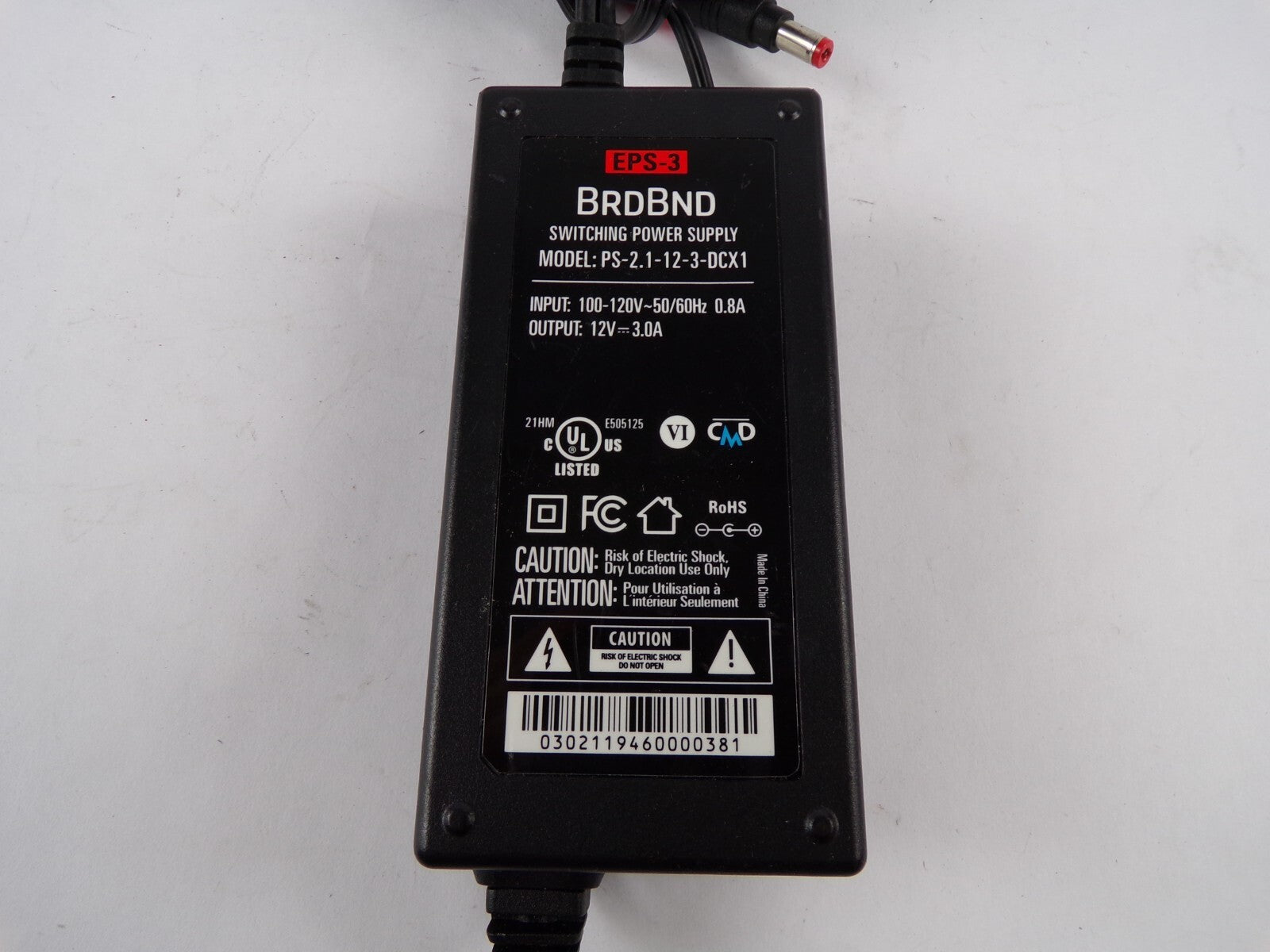 Genuine Brdbnd PS-2.1-12-3-DCX1 Output 12 V 3.0 A Power Supply Adapter A00