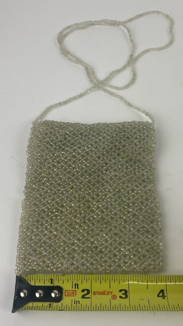 Vintage Small Opalescent Beaded Purse Crossbody Bag Green Pink 5" x 4"