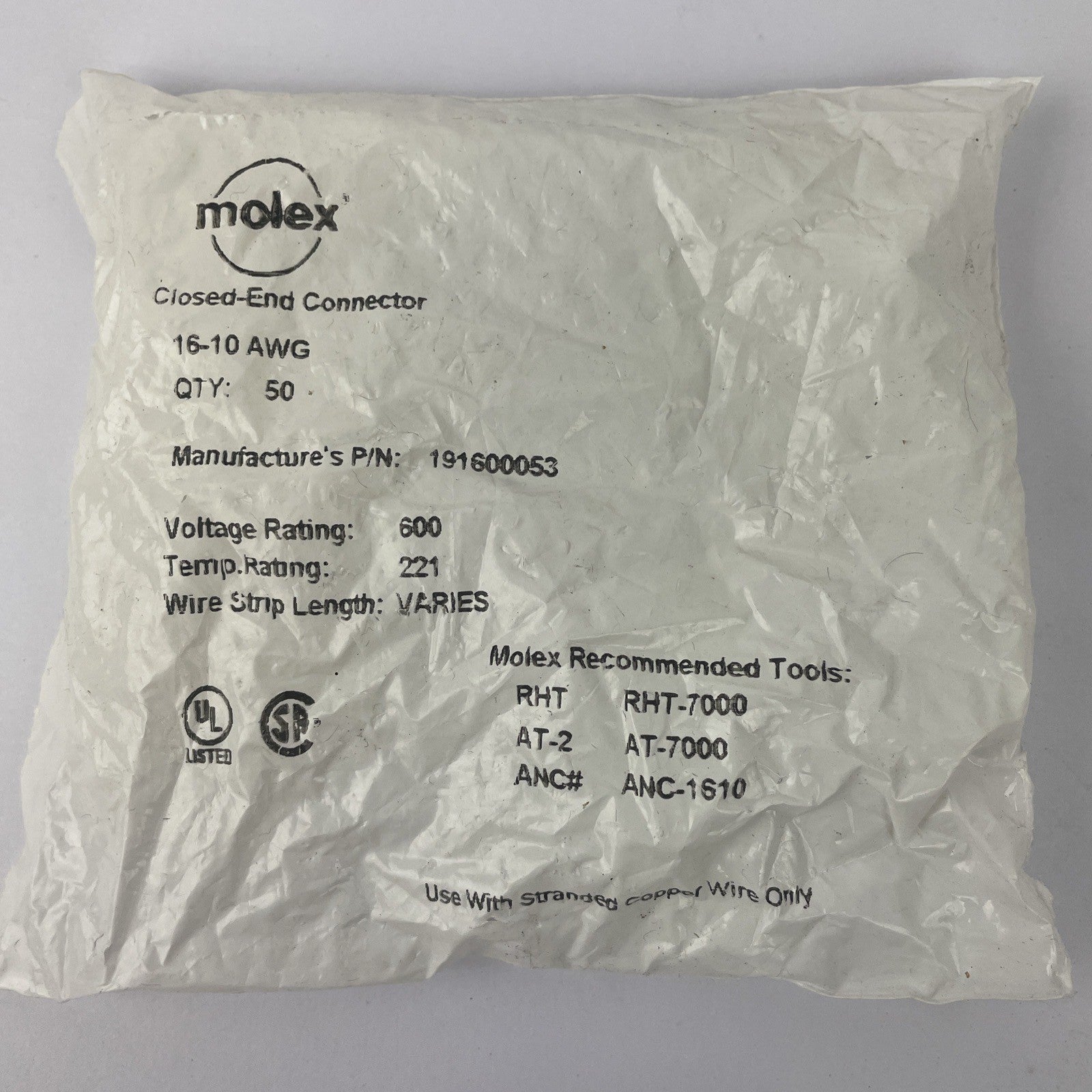 Lot of  500 x Molex 16-10 AWG Closed End Wire Crimp Connectors 191600053