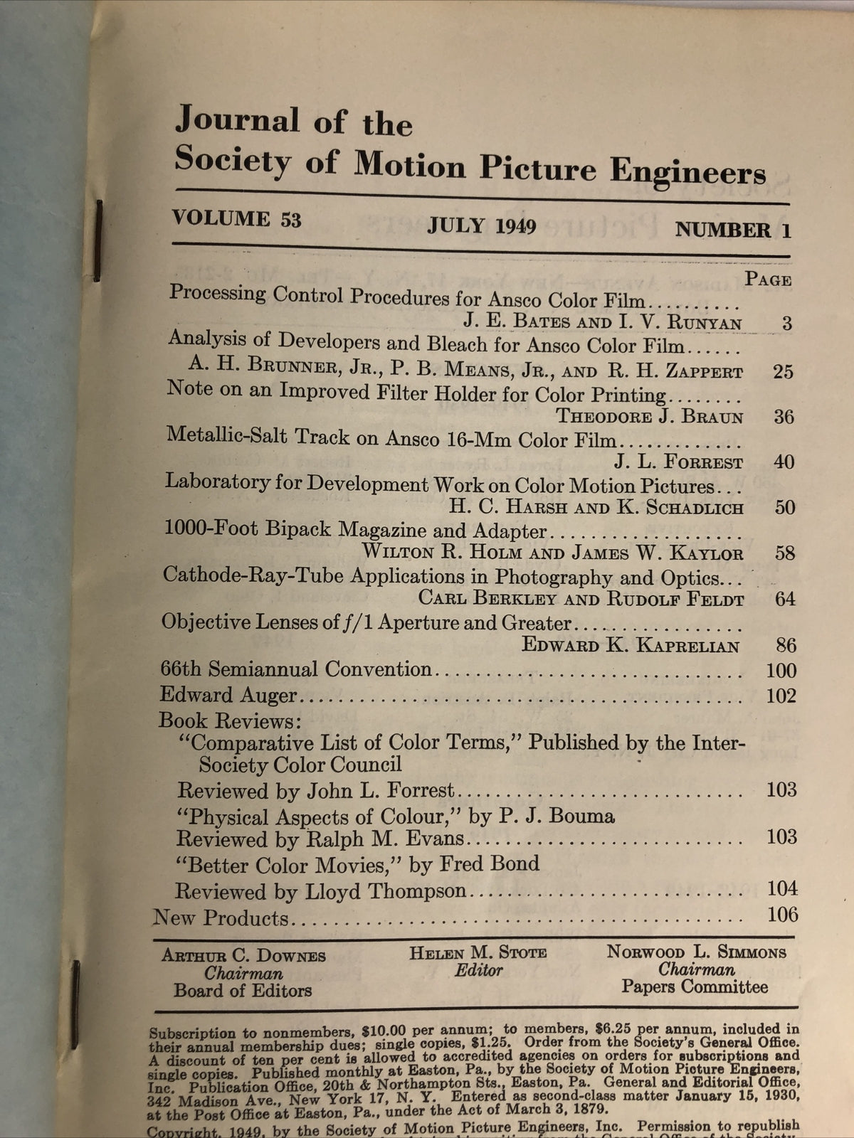 SMPE Journal Of The Society Of Motion Picture Engineers July 1949 VOL 53 No 1