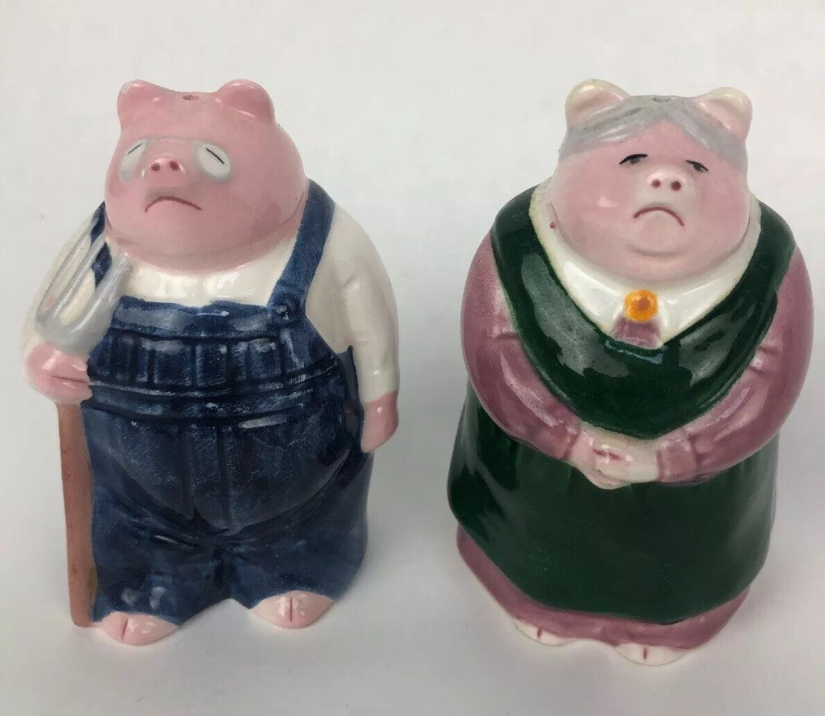 Vintage Farmer Salt and Pepper Shakers - Pigs Pig - American Gothic Portrait