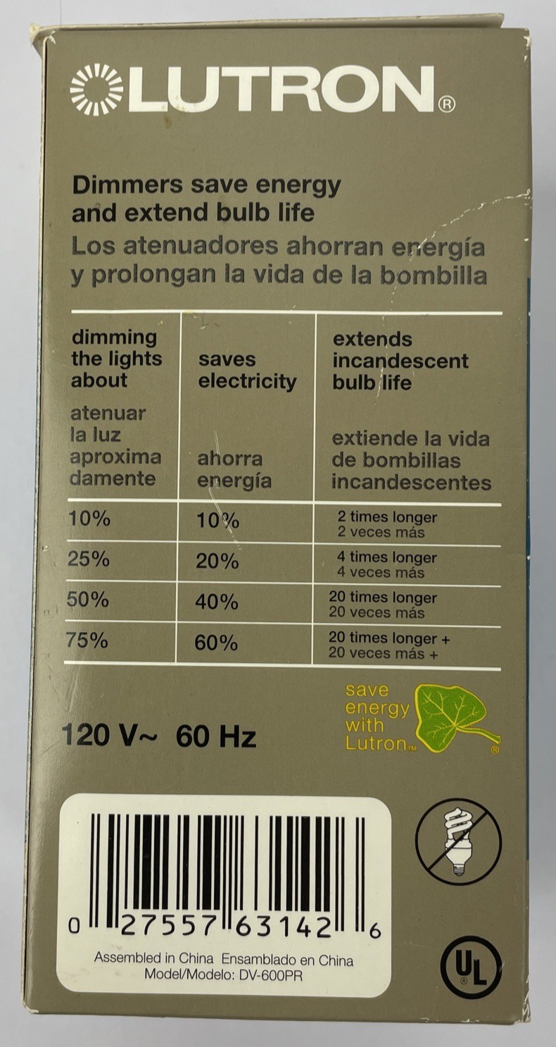 OEM Lutron Diva 600W Dimmer Wall Switch White DV-600PR-WH