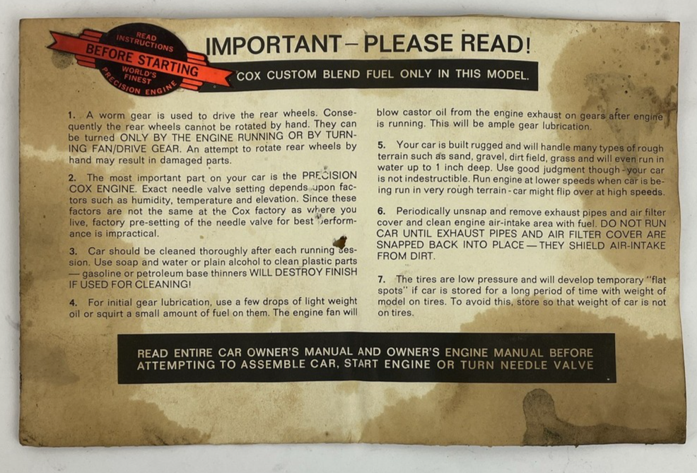 ORIGINAL COX .049 DUNE BUGGY OWNERS CAR INSTRUCTION AND 049 ENGINE MANUAL