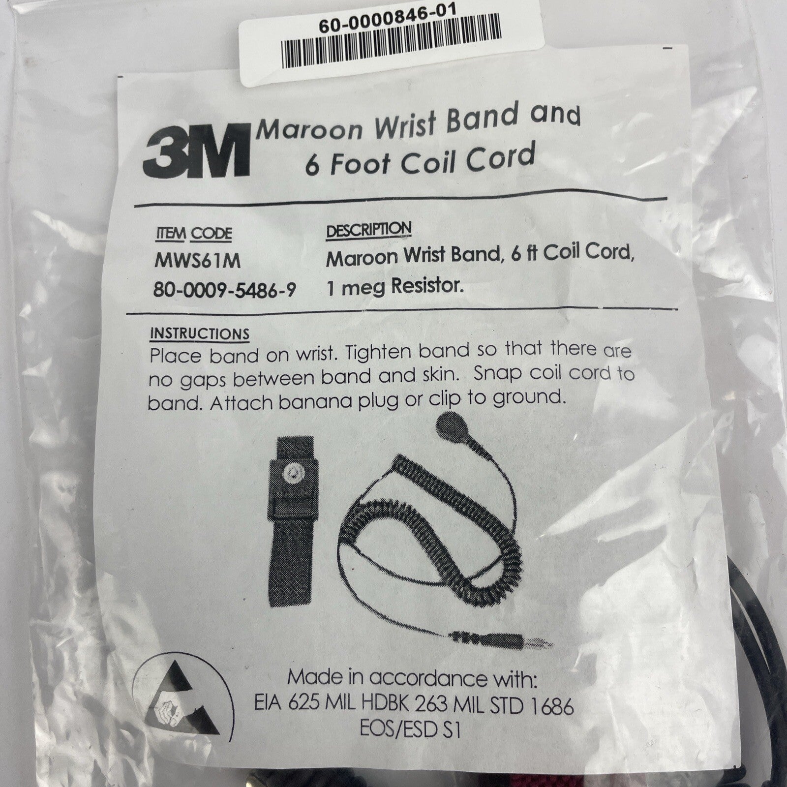 3M Maroon Anti Static Wrist Band and 6' Coil Cord 1 Meg Resistor Brand New