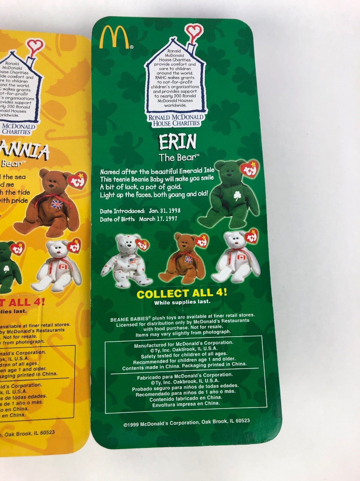 Ty 1999 McDonalds TBB International Bears 4 pc set Glory Britania Erin & Maple