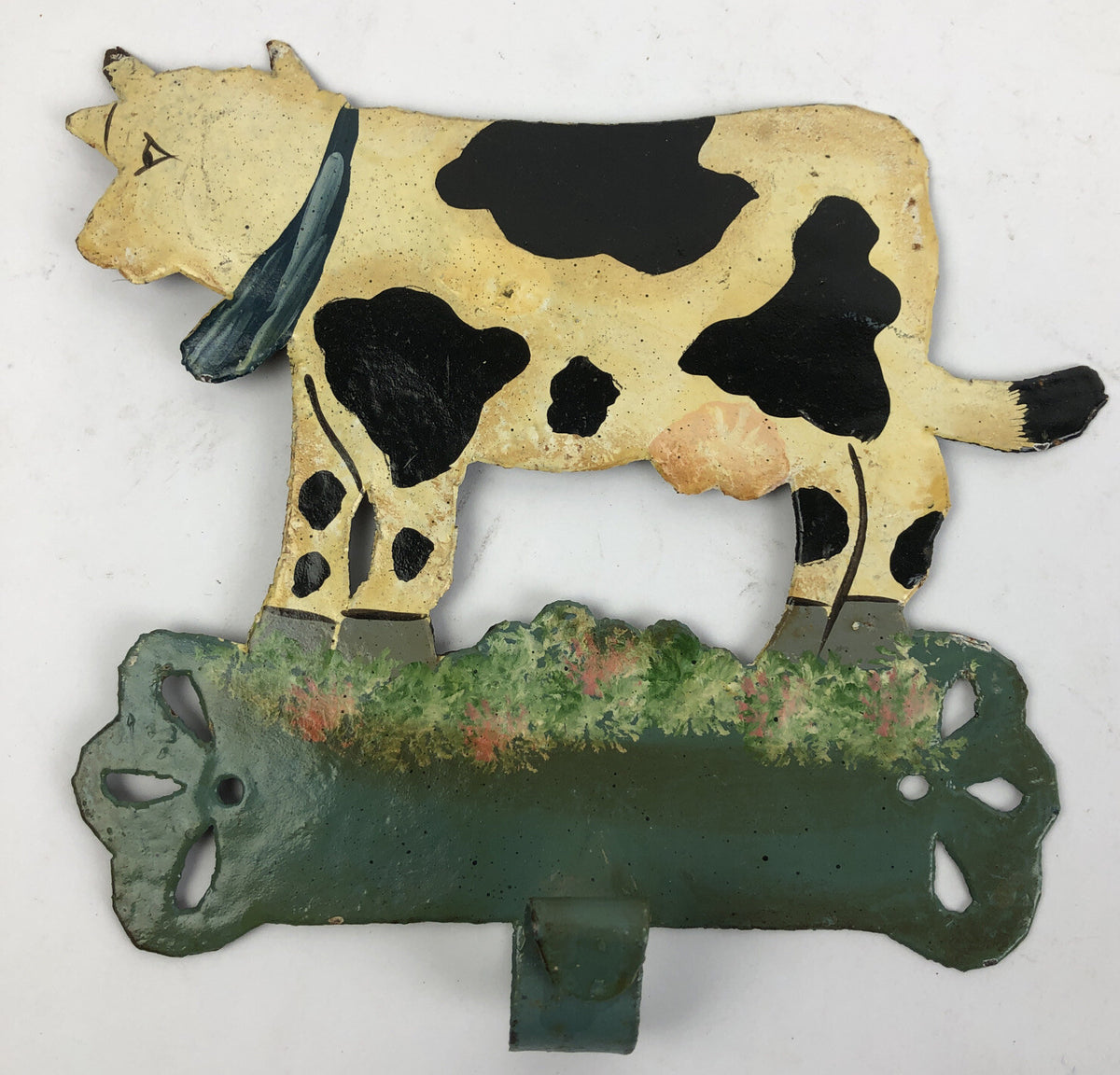 Antique Vintage Metal Towel Rail Roll Holder Hand Painted Cow Theme 6.5" x 7"