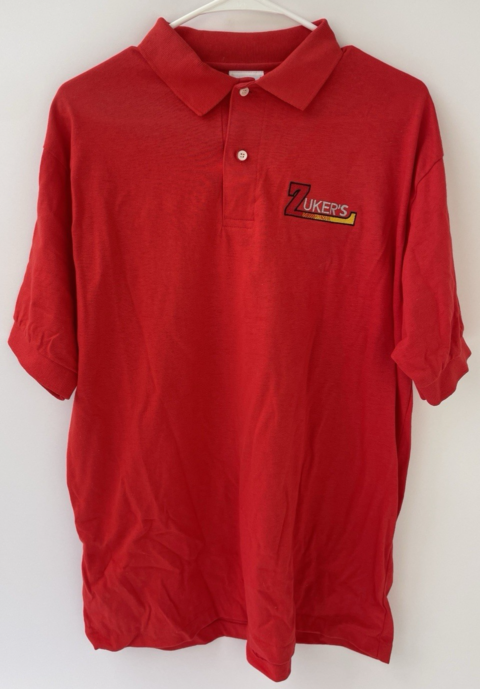 Vintage 1990's Zukers Custom Trolling Lures Collard Embroidered Golf Shirt Red L