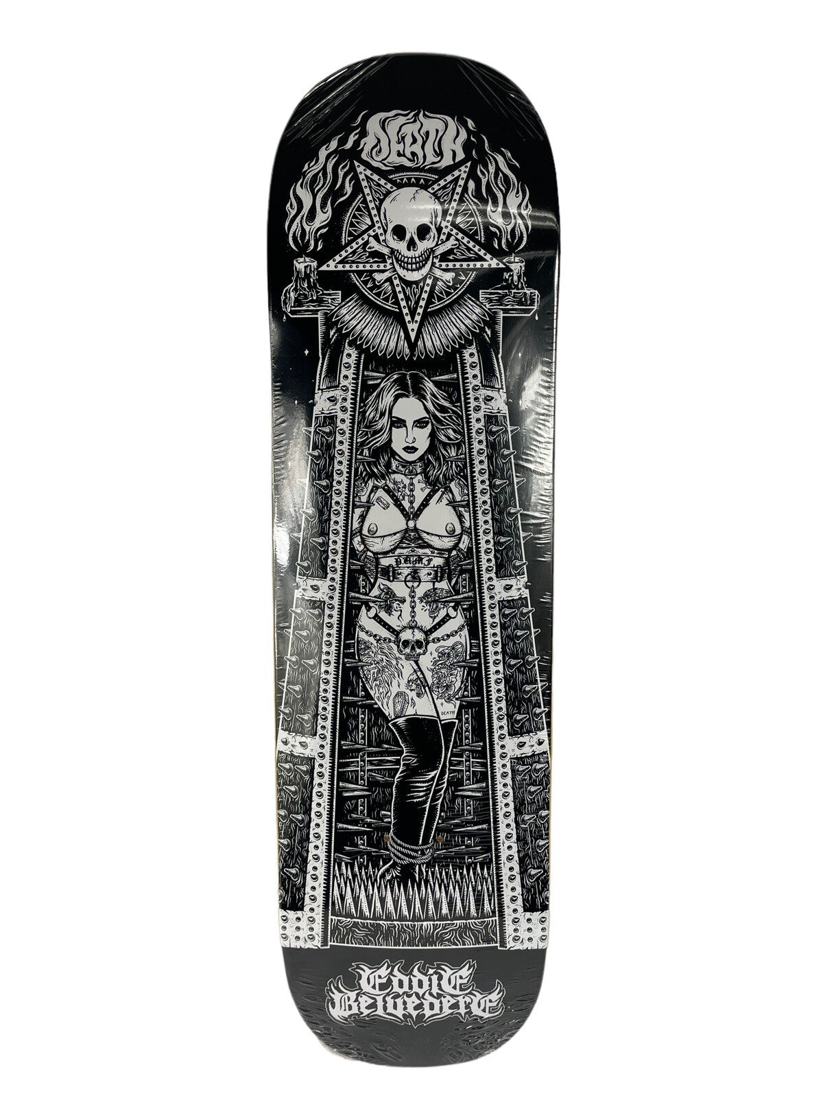 Death Skateboards Eddie Belvedere Maiden Pro 8.25-inch skateboard deck with Tapered Square FA Nose and signature Maiden graphic.