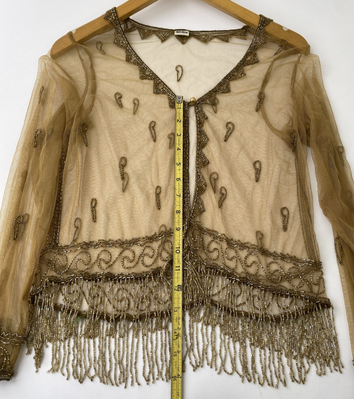 SHIBA Vintage Sheer Mesh Long Sleeve Hand Beaded V Neck Gold Tone Tunic Small