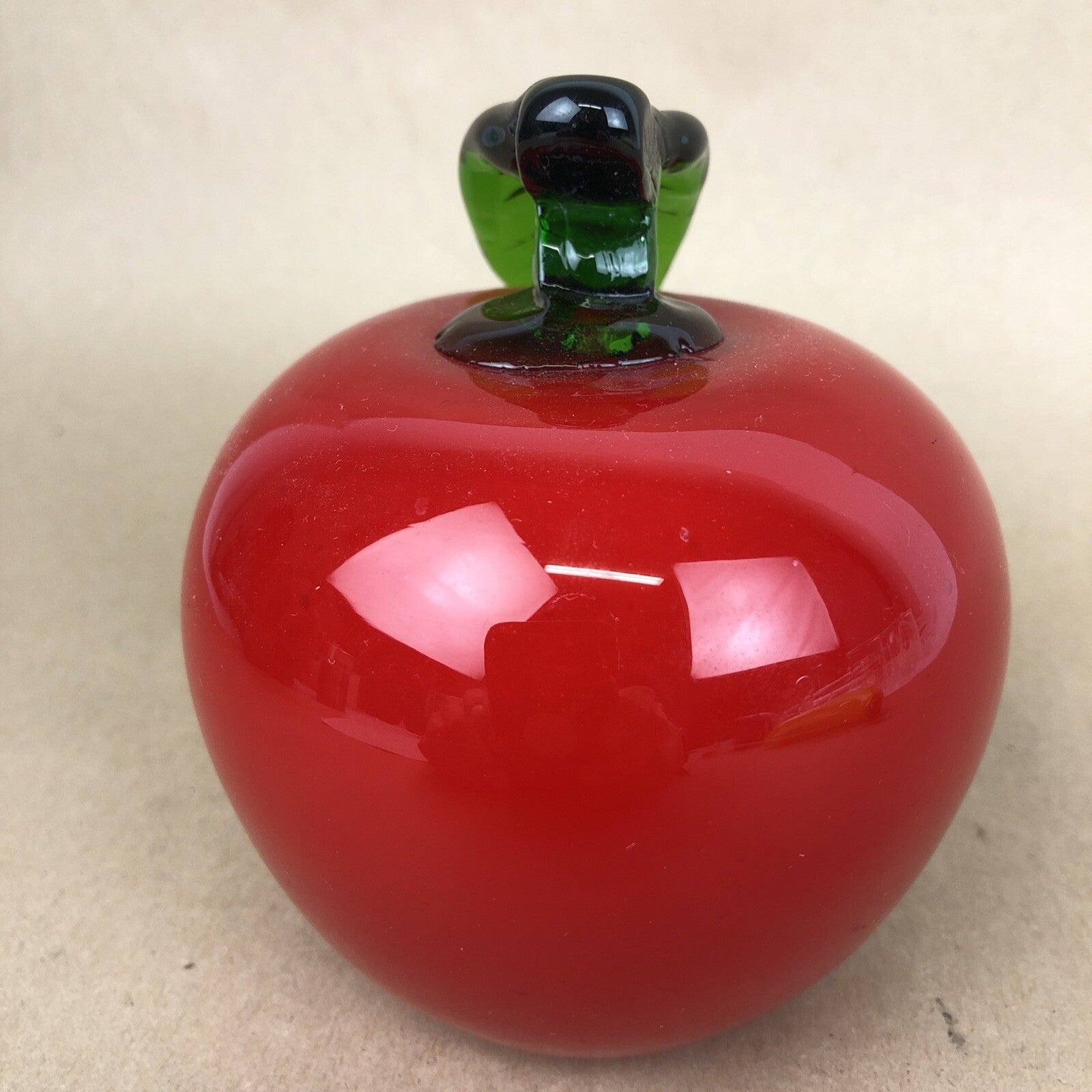 Murano style hand blown red glass apple with green stem 4.5 inches.