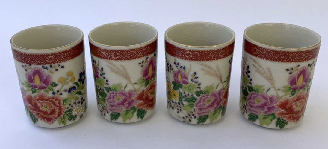 4 x Satsuma Japan Saki Crackled Teacup Hand Painted Floral Design 3.25" x 2.5"