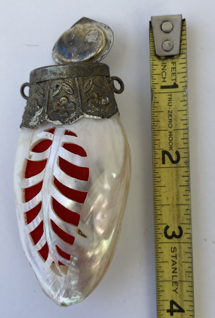 Vintage Mother of Pearl Shell Hinged Scent Bottle, Snuff Box Carved Front w Red