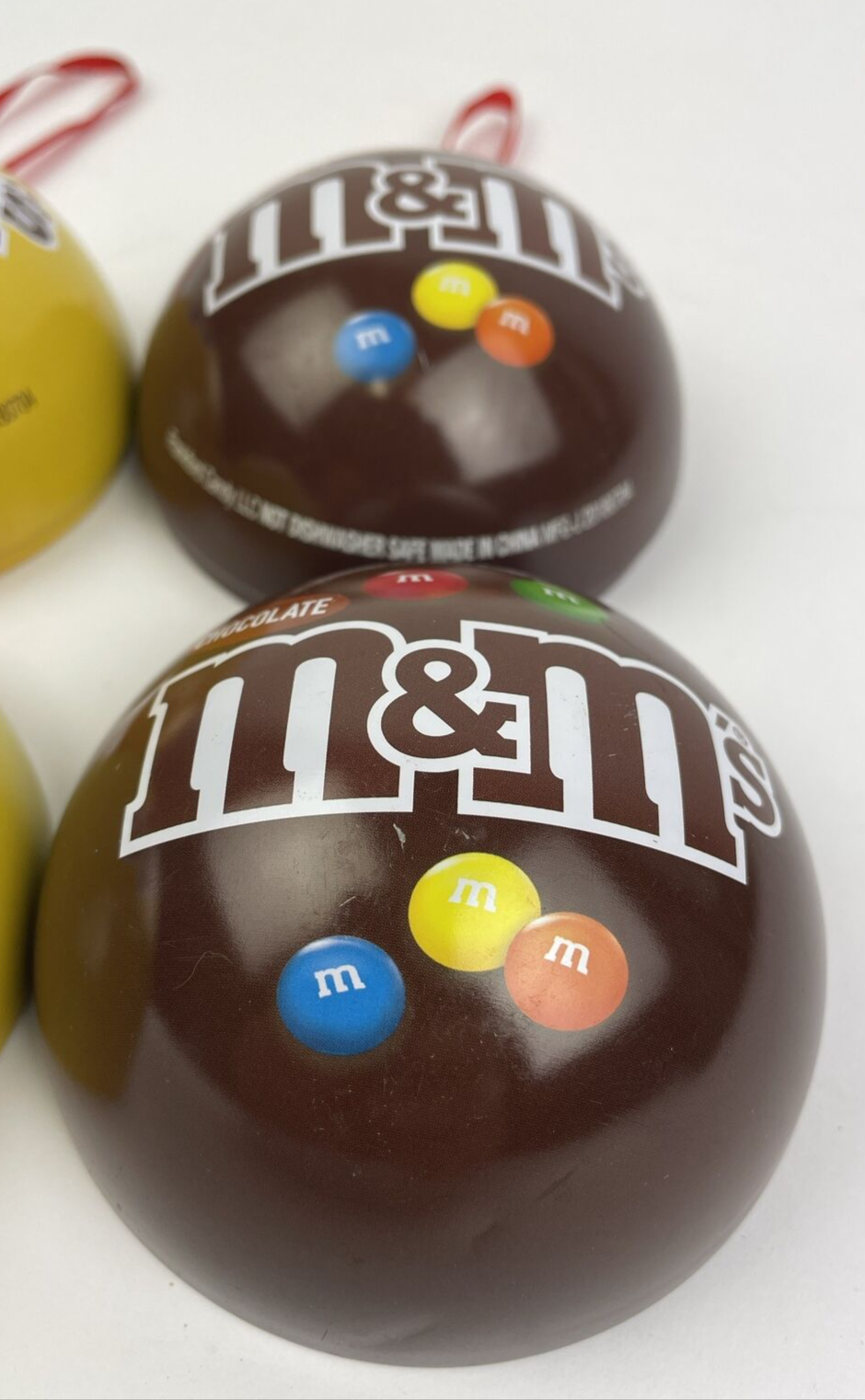 Lot of 2 x M&M Chocolate & Peanut METAL BALL CHRISTMAS ORNAMENT Empty -Rare Find