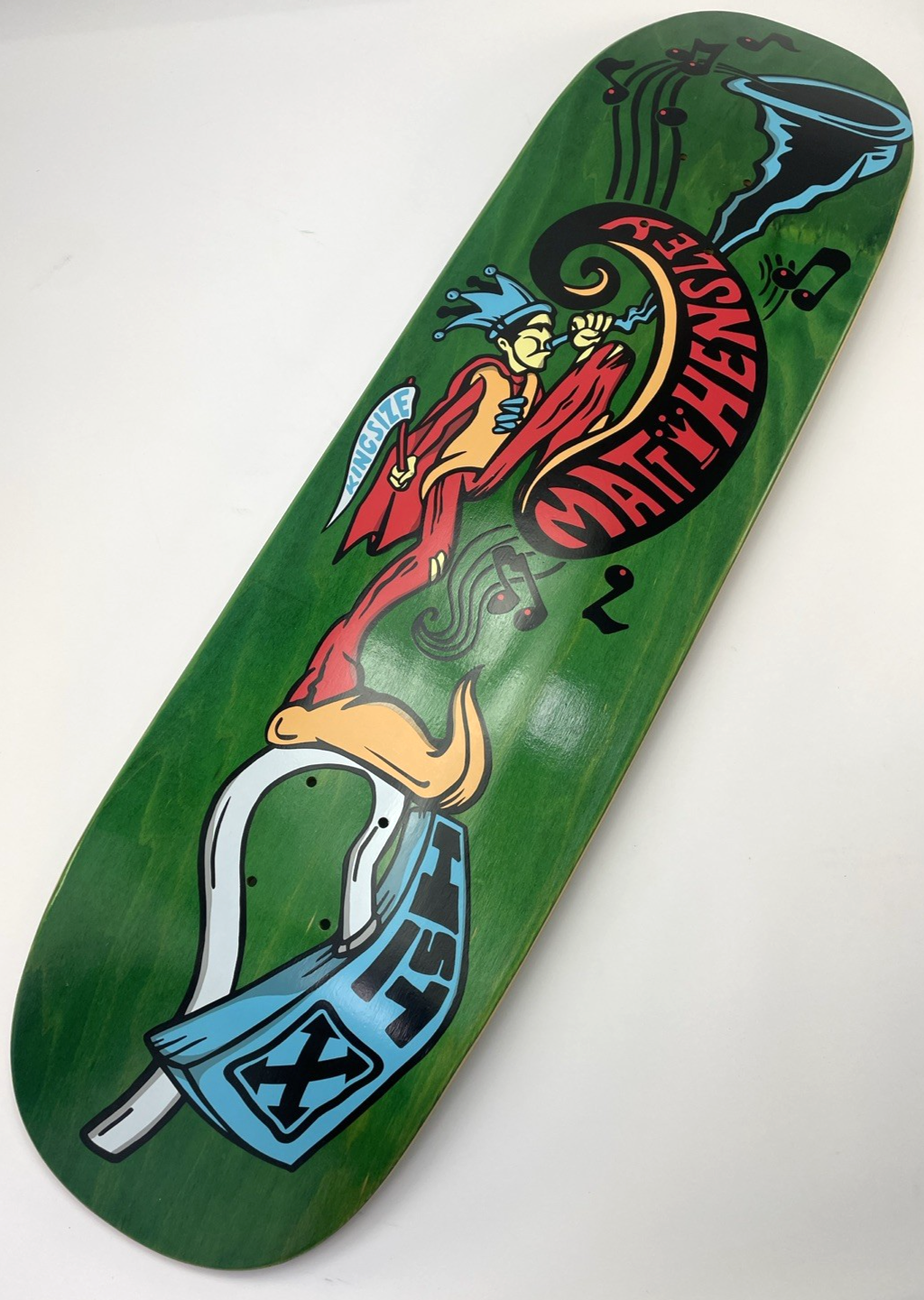 Matt Hensley H-STREET Musical Jester Skateboard Deck Green Stain Signed 32" x 9"
