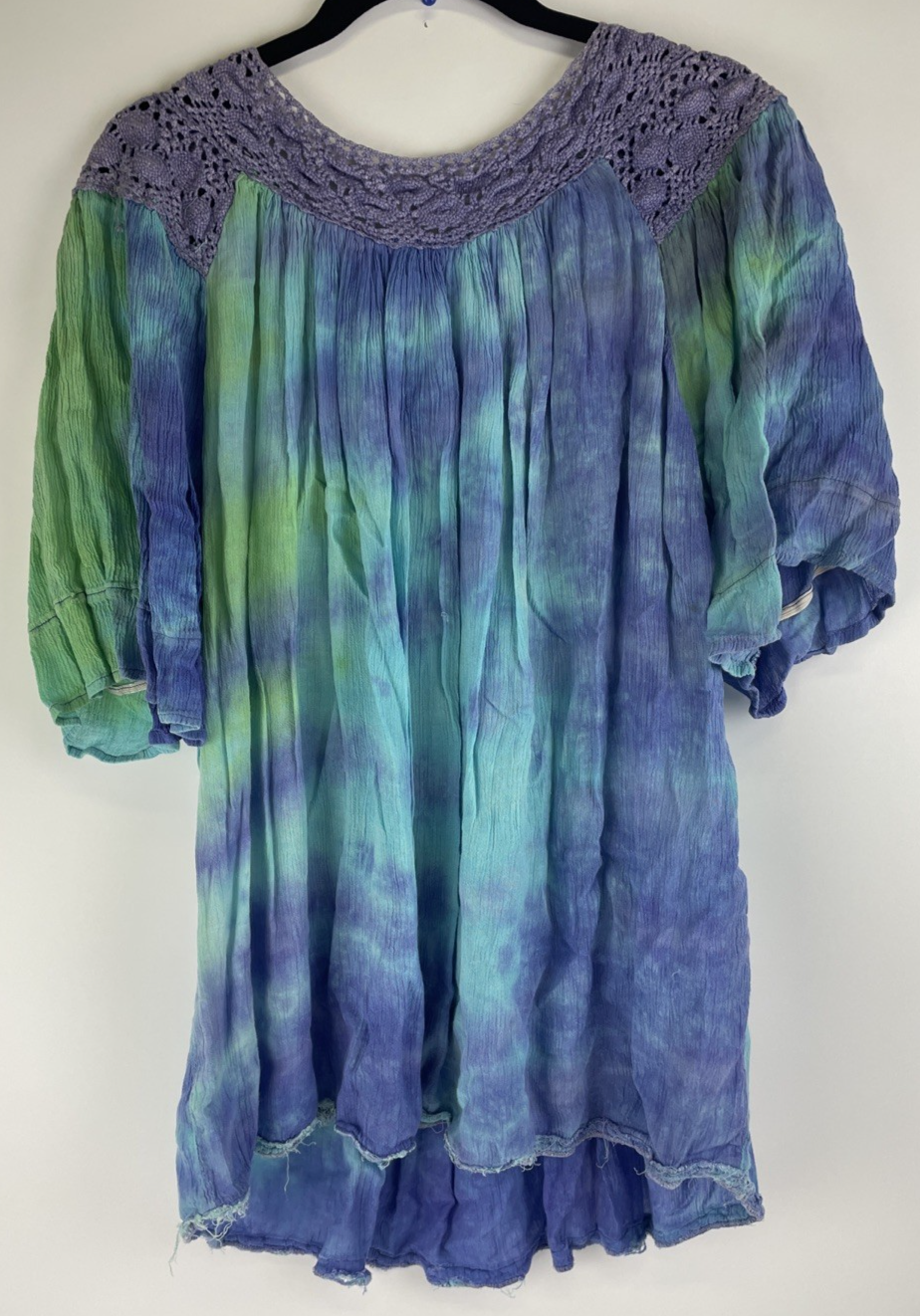 Roaman's Tops Women's Purple Green Tye-Dye Blouse top w Crochet Neckline Sz Med
