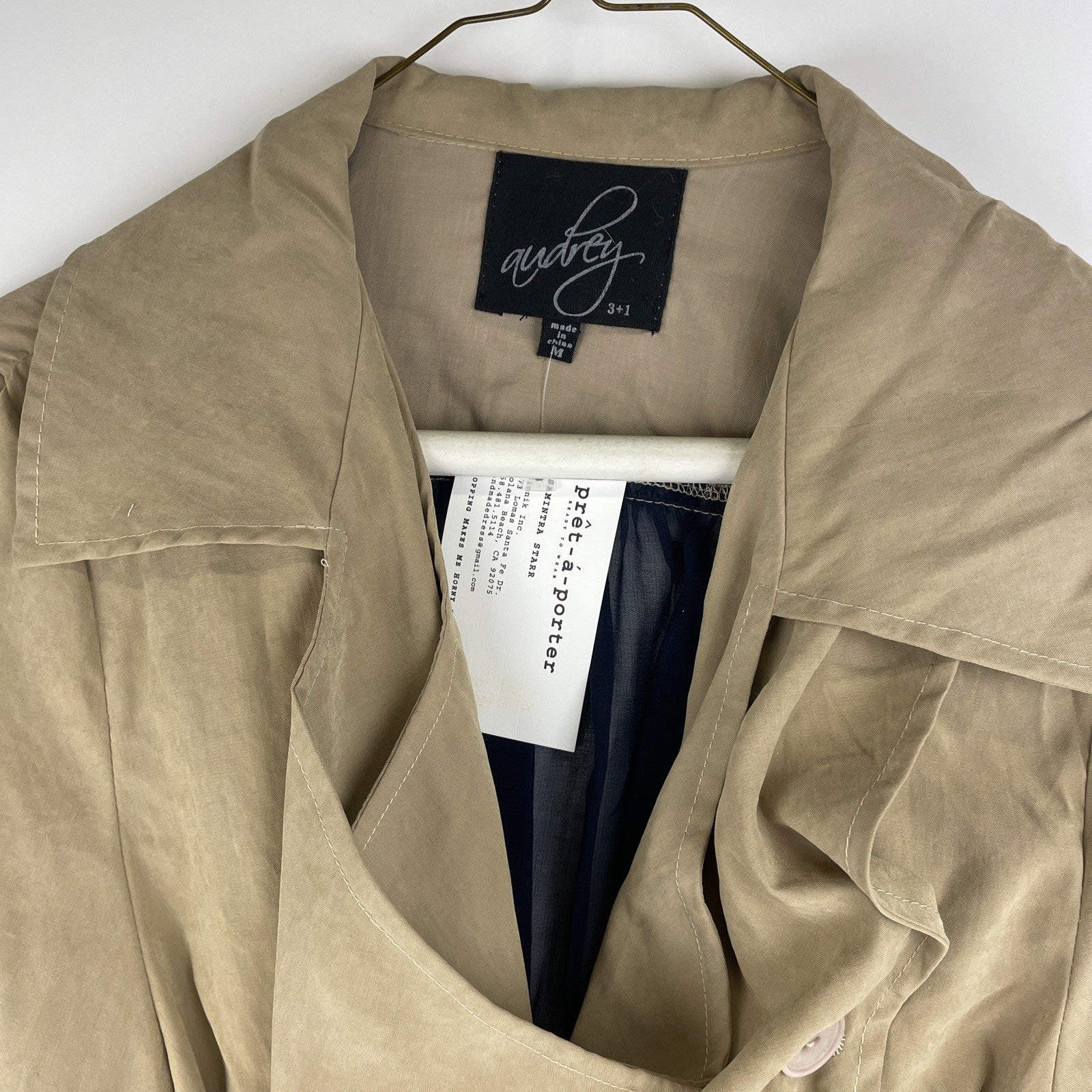 Audrey Belted Cropped Tan Trench Coat w Wide Lapels Sheer Nany Mesh Back Sz M